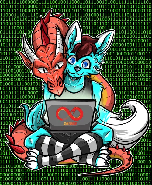 Ghidra the dragon and a Wolf disassembling a binary file! (Art by emanuellobo on Fiverr)