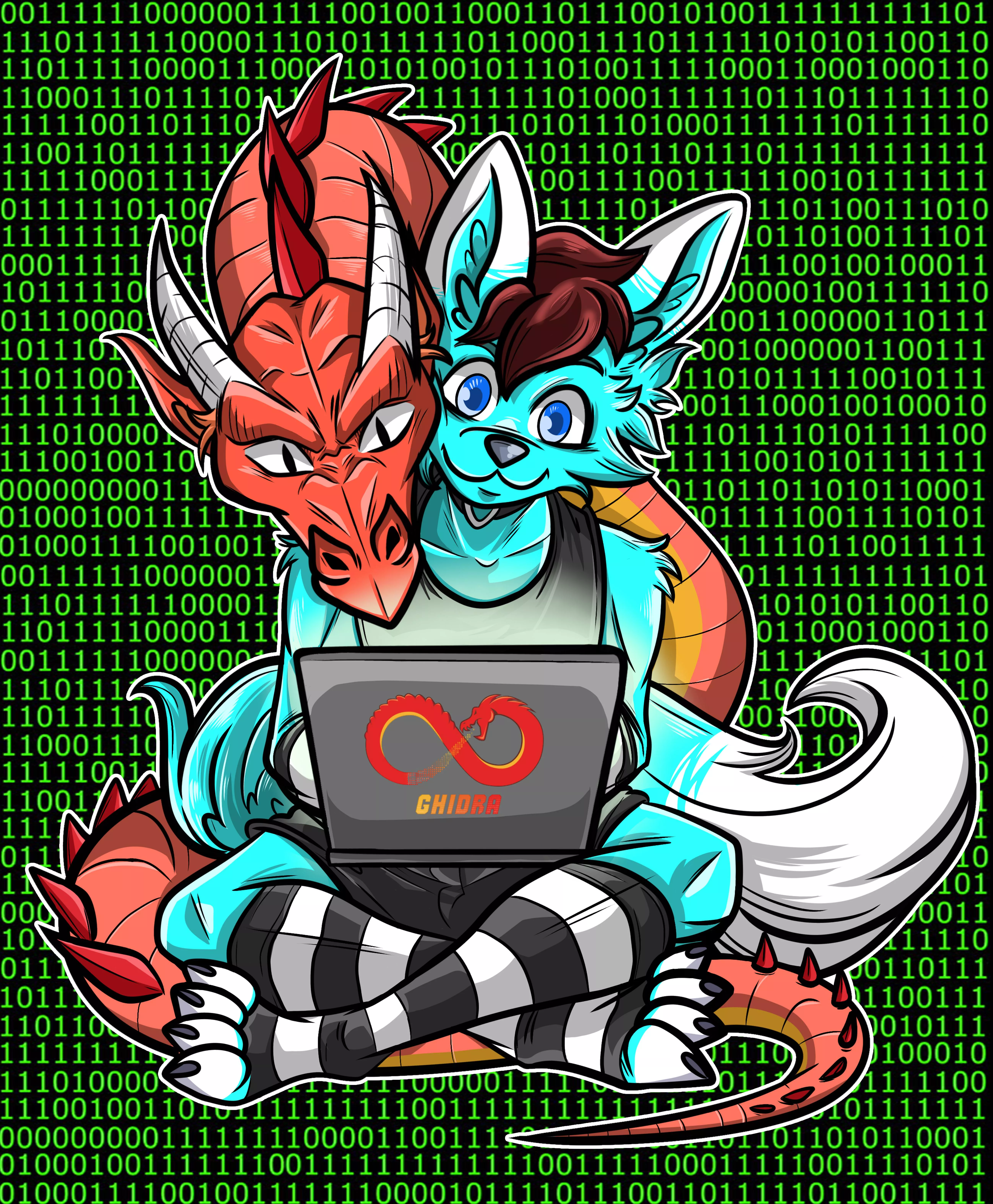 Ghidra the dragon and a Wolf disassembling a binary file! (Art by emanuellobo on Fiverr)