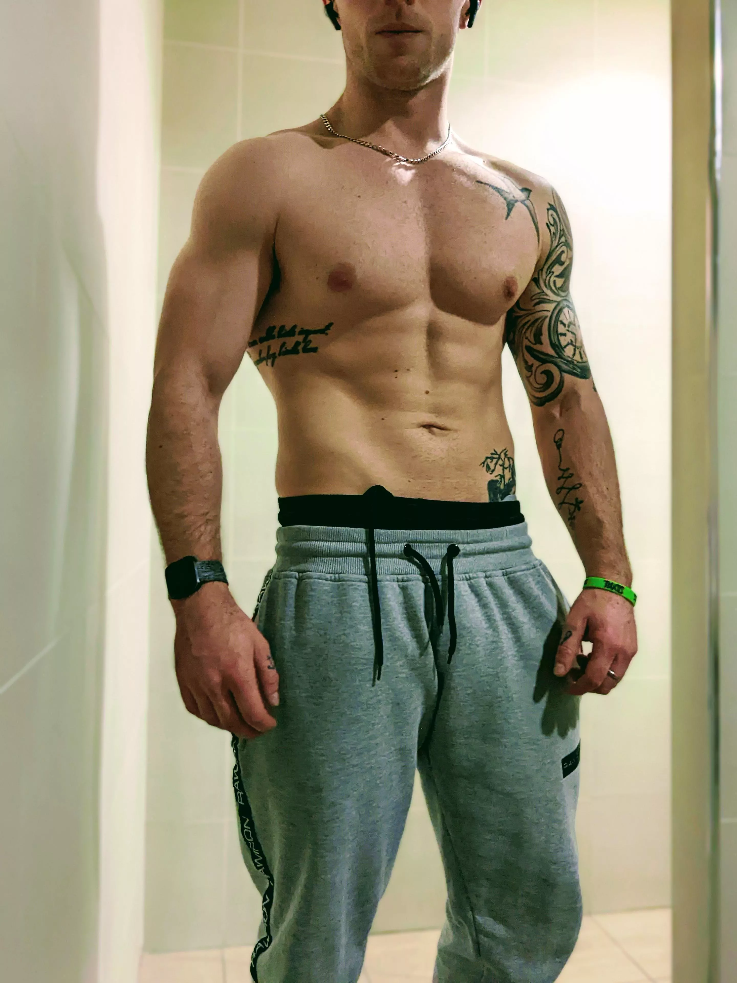Grey sweatpants and gym changing rooms...