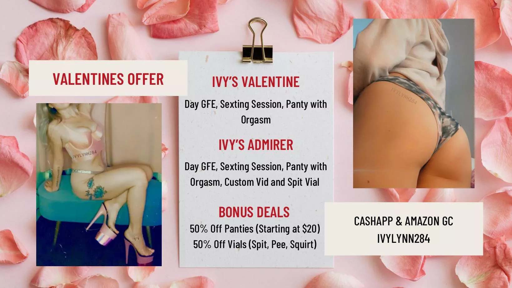 Half Off Panties ❣️ Panty & GFE Bundles ❣️ Half Off Vials ❣️ Valentine’s Sale With Ivy! [Selling] Reviews & Menu on Profile [kik] Ivylynn284
