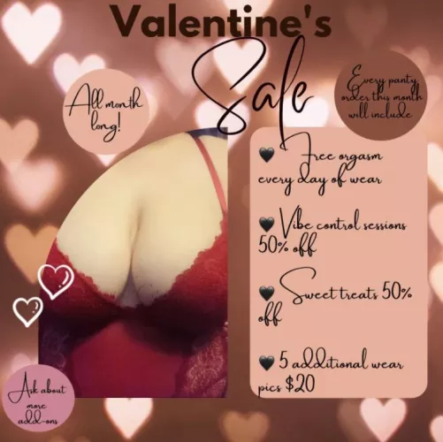 ♥️ Happy Valentine’s! My Valentine’s sale runs all month long! 🍭 [selling] 2 day panties starting at $40, pops/gummies $5, and free orgasms all month! 🍬 Verified 5 Star Seller ✔️