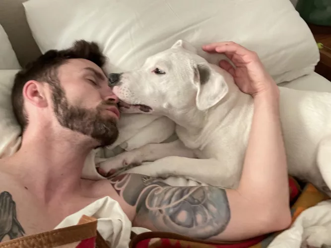 He sits diligently by me when I stay up late to game, then wakes me up every morning