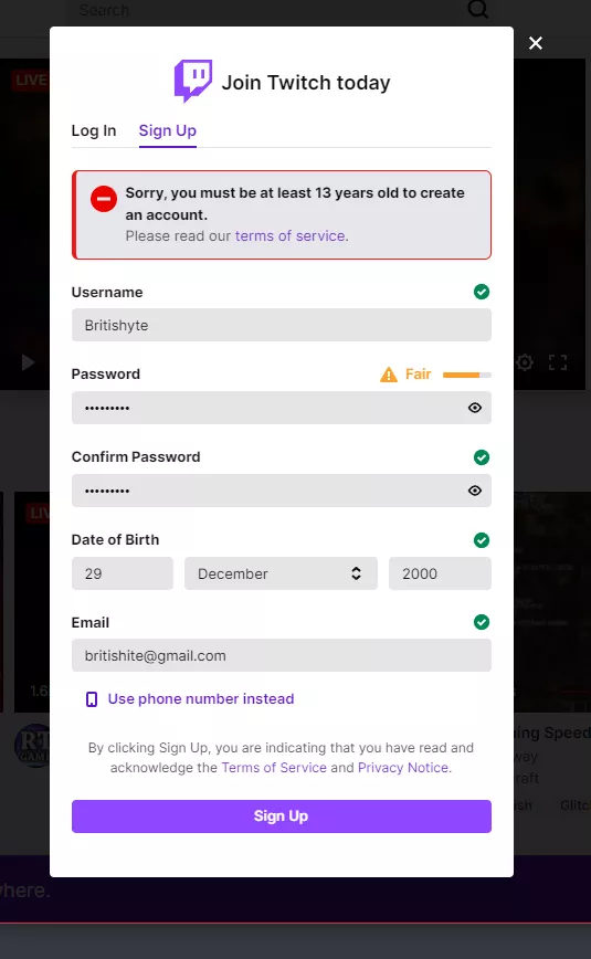 Hello! Im having an issue signing up... this image show the error.