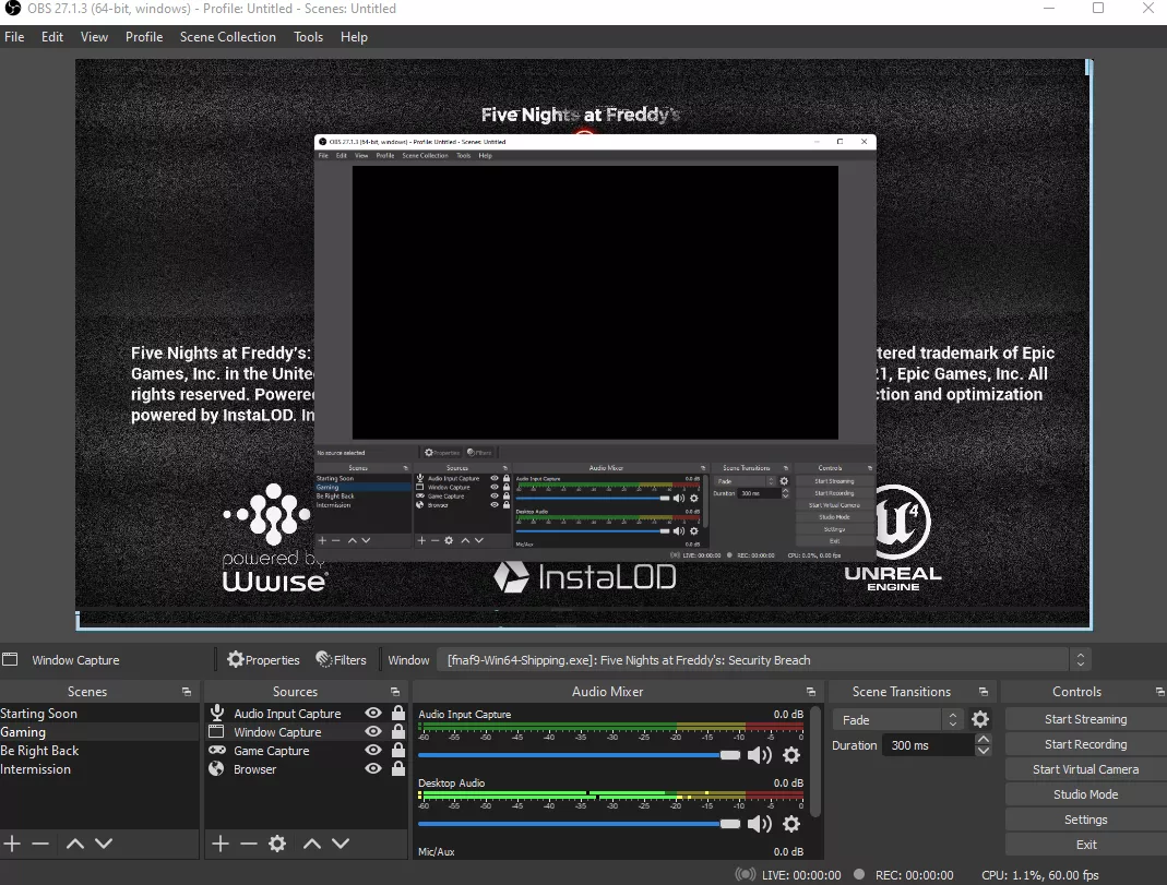 Help! I can't stream/record Fnaf Security Breach and I don't know what's going wrong. I can't find any answers online