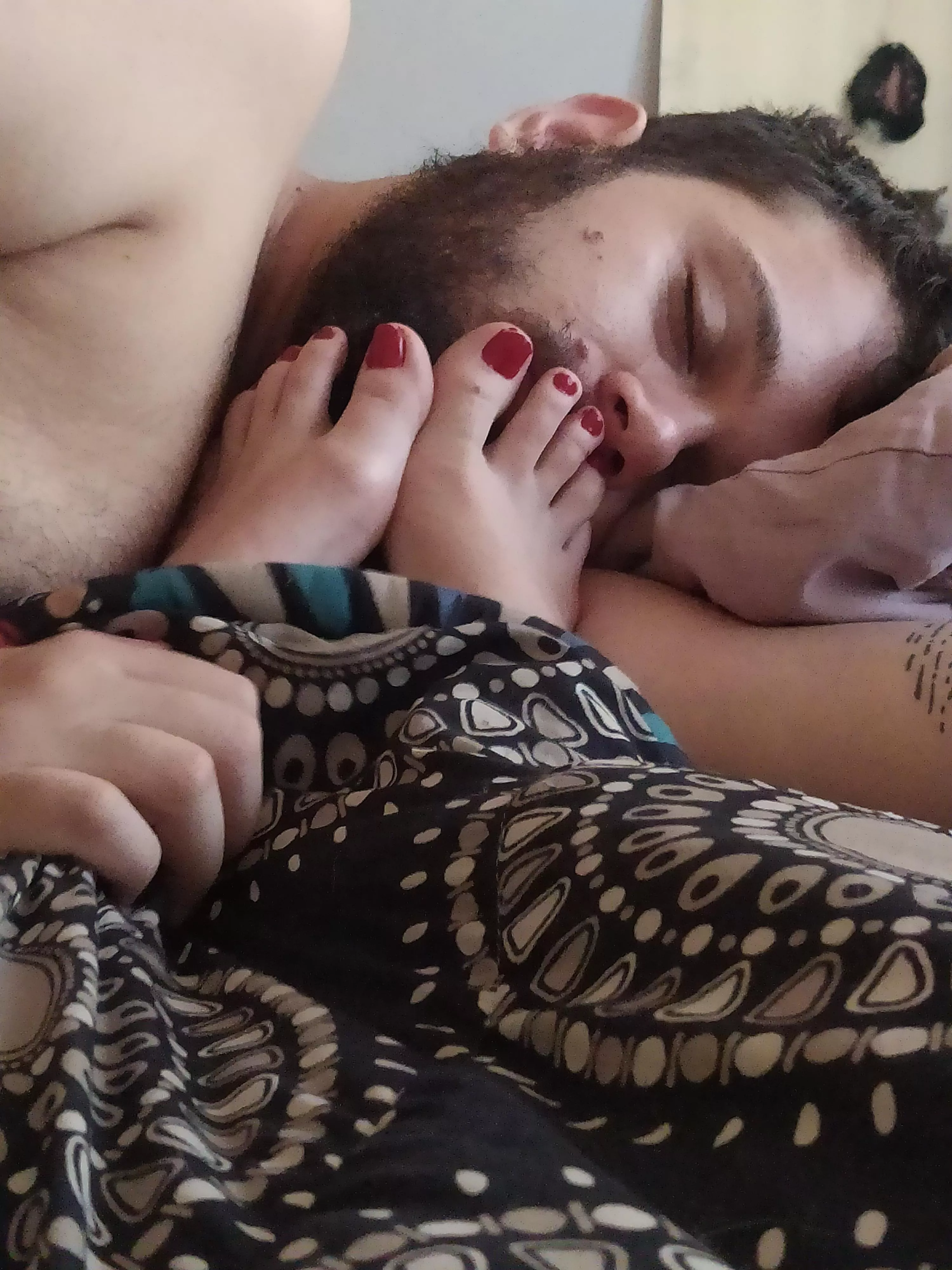 He's been a good boy, so he got to sleep by my feet