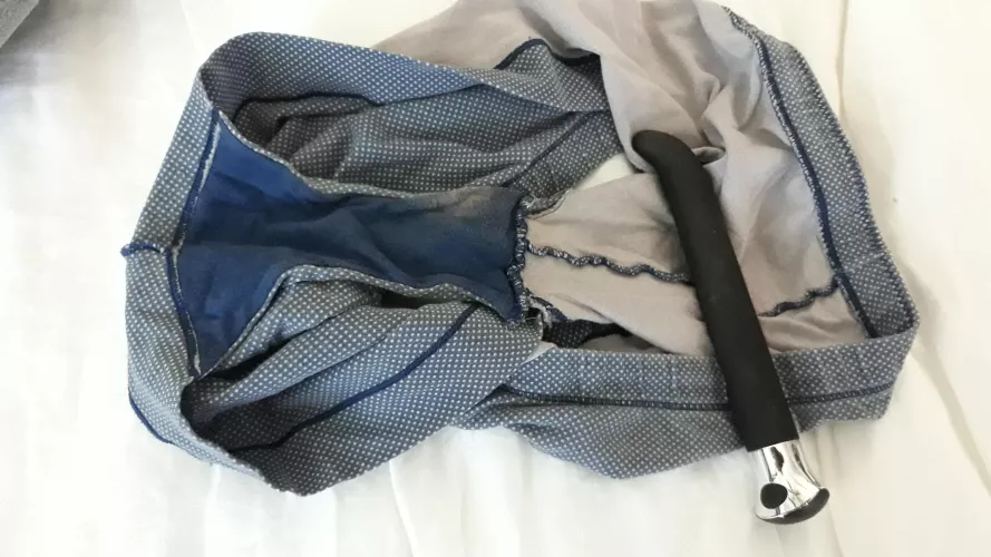 Hit the jackpot and got my hands on my girlfriend's cousin's dirty panties, and her vibrator. I can smell her dried pussy juices on it.