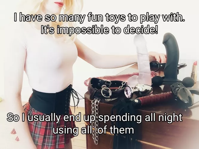 Hmm which toy to use tonight? Dildo, whip or chastity cage?