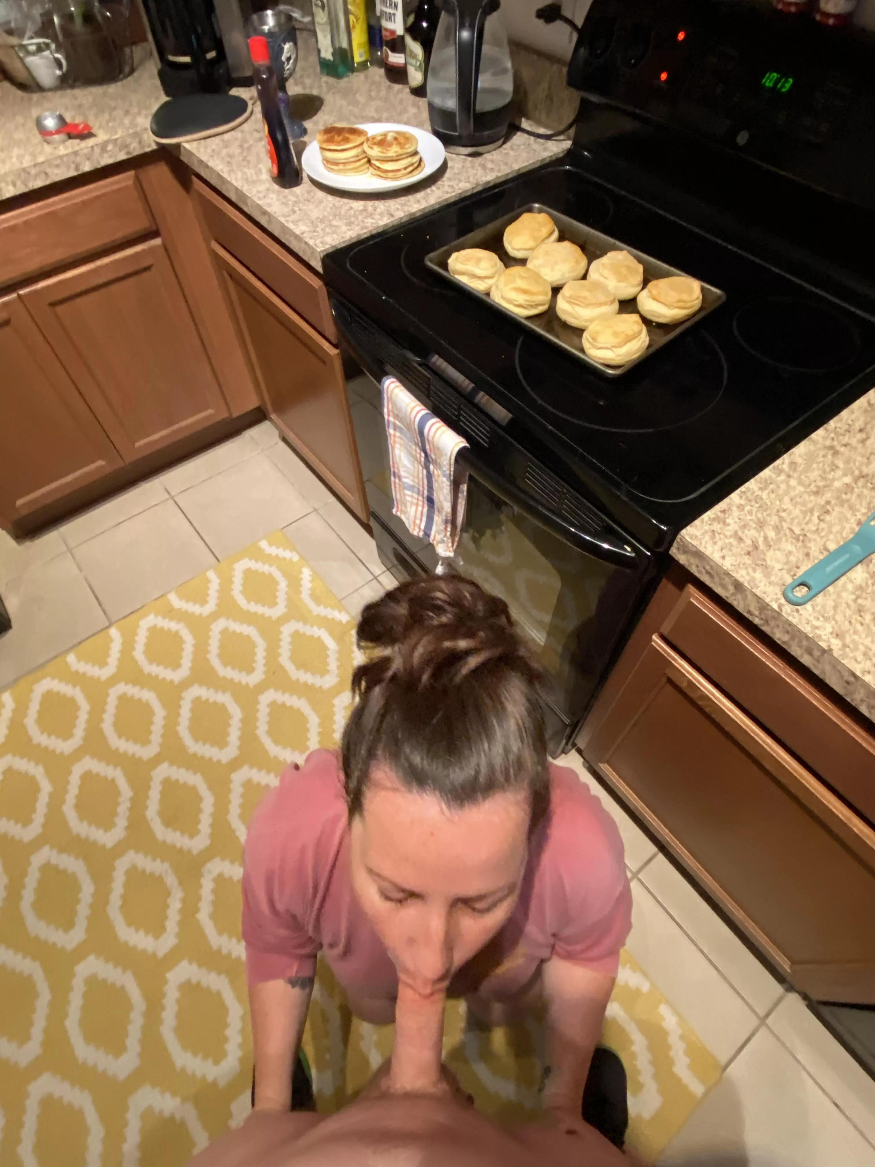 I feel like a lot of the posts here are forgetting the “sucking cock” on their knees part. So here I am, while making breakfast 😂