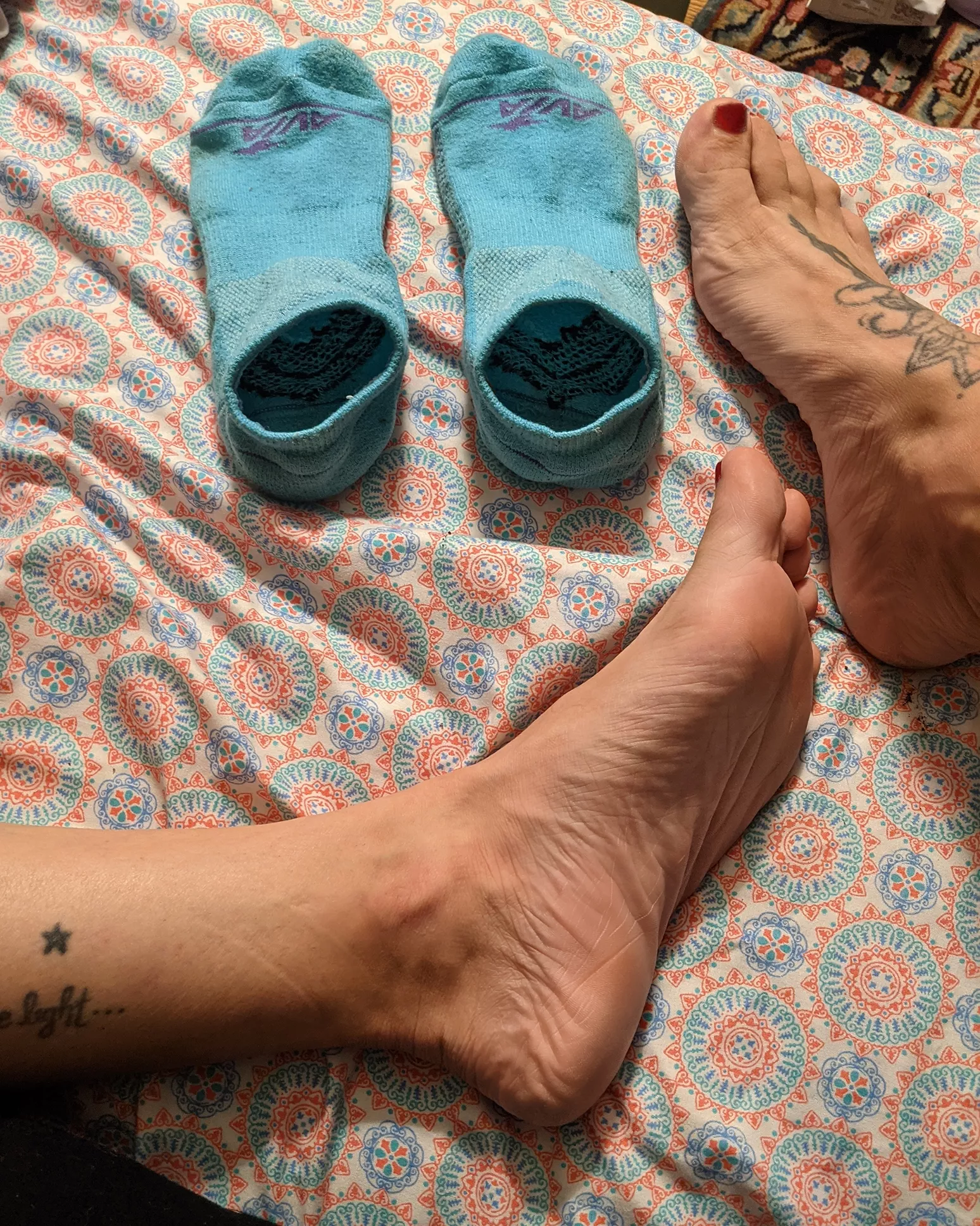 I hope you don't mind me showing my wrinkles and my impressive foot impressions in these little blue socks ๐ I hope you don't mind me showing my wrinkles and my impressive foot impressions in these little blue socks ๐