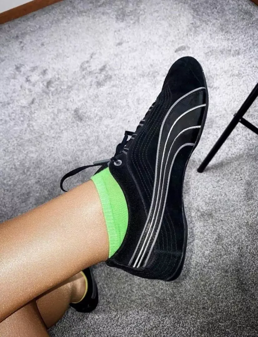 I love wearing my sexy black puma soleil shoes with my glossy Wolford tights 😘😘