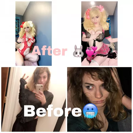 I still have work to do but I’m proud of my progress so far, the bottom pictures are from when I was 18 (and anorexic/on drugs) the top pictures are me now at 20, drug free and happy. Being a bimbo is truly the way and I’m so confident now✨💞