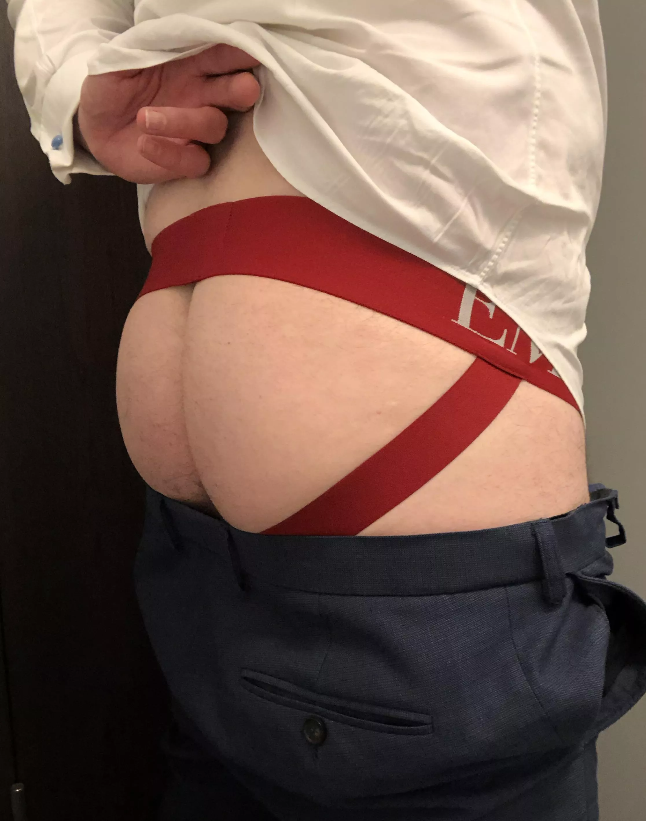 If I wear a jockstrap to work, it tends to be on casual Friday. So wearing one today under suit trousers is a new experience.