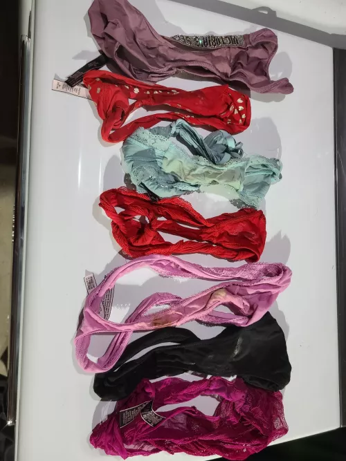 I'm doing laundry while wife is out. here are the past weeks worth of dirty panties hope everyone enjoys π