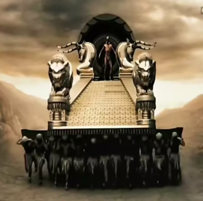 Imagine being the king of Persia except having ponygirls carry your throne like this