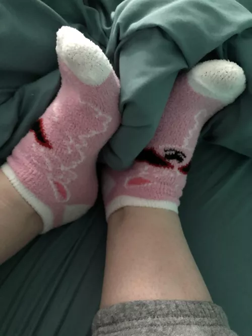 In bed playing with my fuzzy pink socks (F)