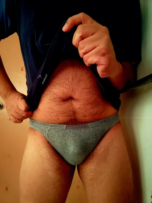 In simple grey slip-in briefs. π€π€π€