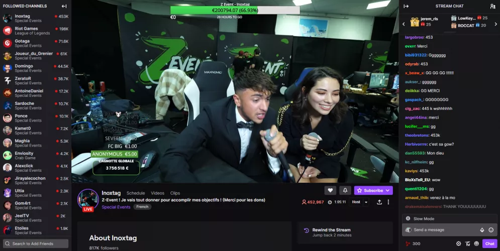 Inoxtag has just broken the world record for the number of viewers in France during Z Event, a French charity event