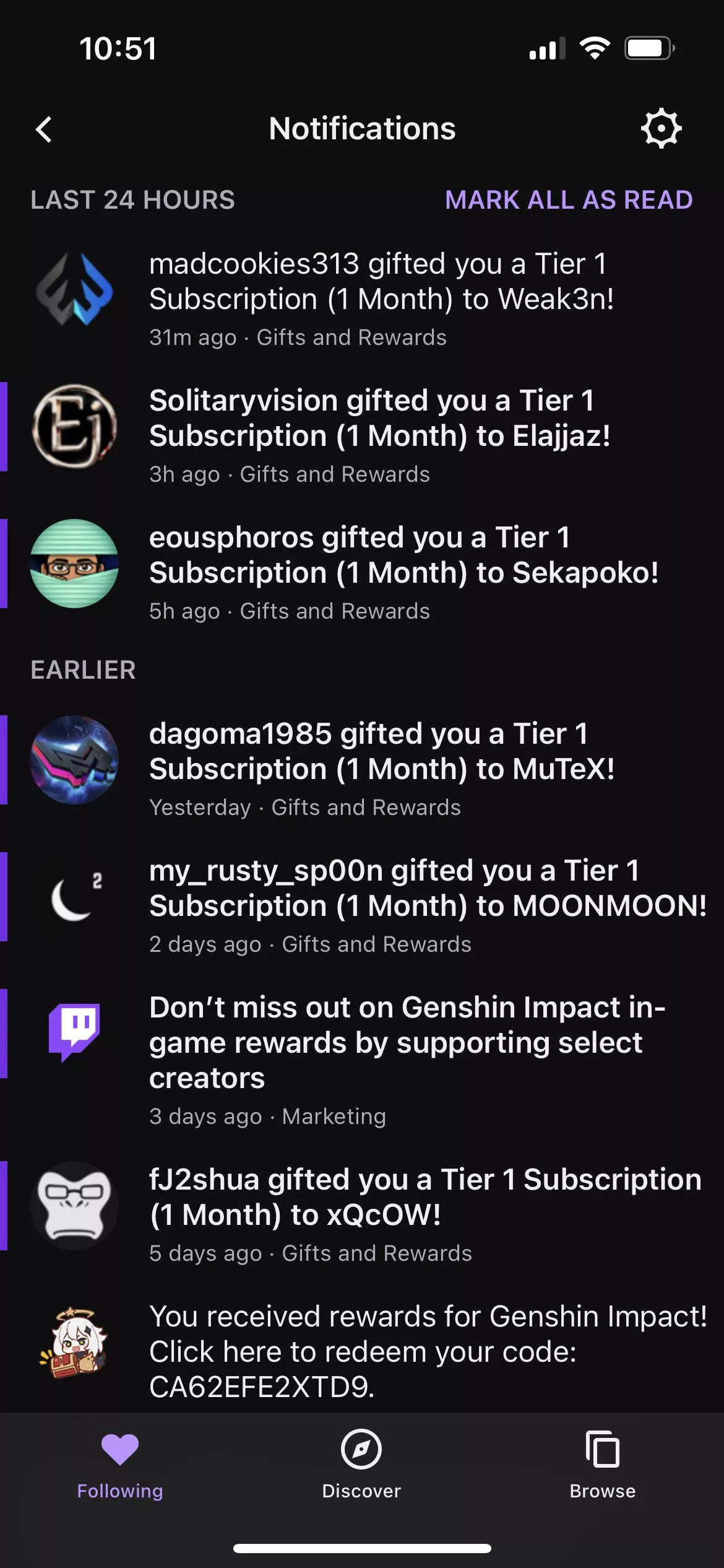 I’ve been getting gifted subs for the past few days. Either someone is following me or I’m getting insanely lucky.