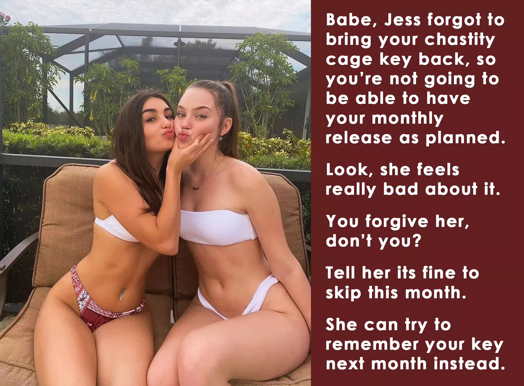 Jess forgot to bring your chastity cage key back, so you're not going to be able to have your monthly release as planned... Jess forgot to bring your chastity cage key back, so you're not going to be able to have your monthly release as planned...