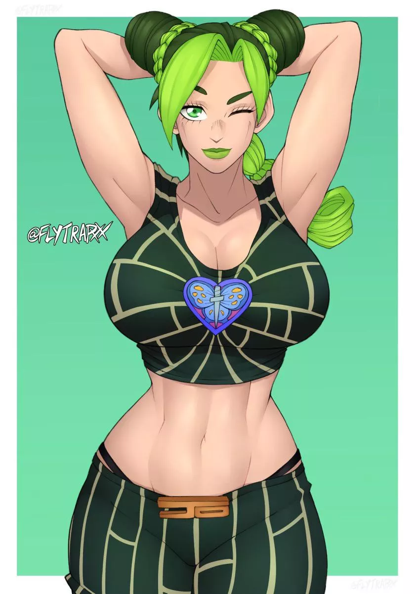 Jolyne with big breasts with her arms up while winking at viewer Jolyne with big breasts with her arms up while winking at viewer
