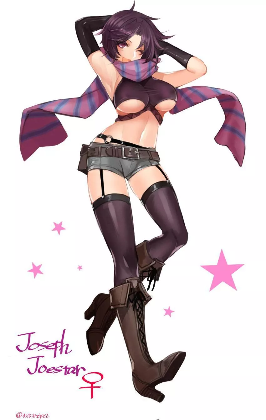 Joseph Joestar with her arms up wearing a striped scarf, gloves, crop top, shorts, leg wear and boots with covered nipples and under boob Joseph Joestar with her arms up wearing a striped scarf, gloves, crop top, shorts, leg wear and boots with covered nipples and under boob