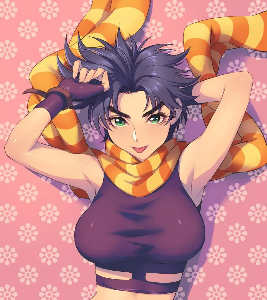 Joseph Joestar with scarf and big breasts raises her arms up Joseph Joestar with scarf and big breasts raises her arms up