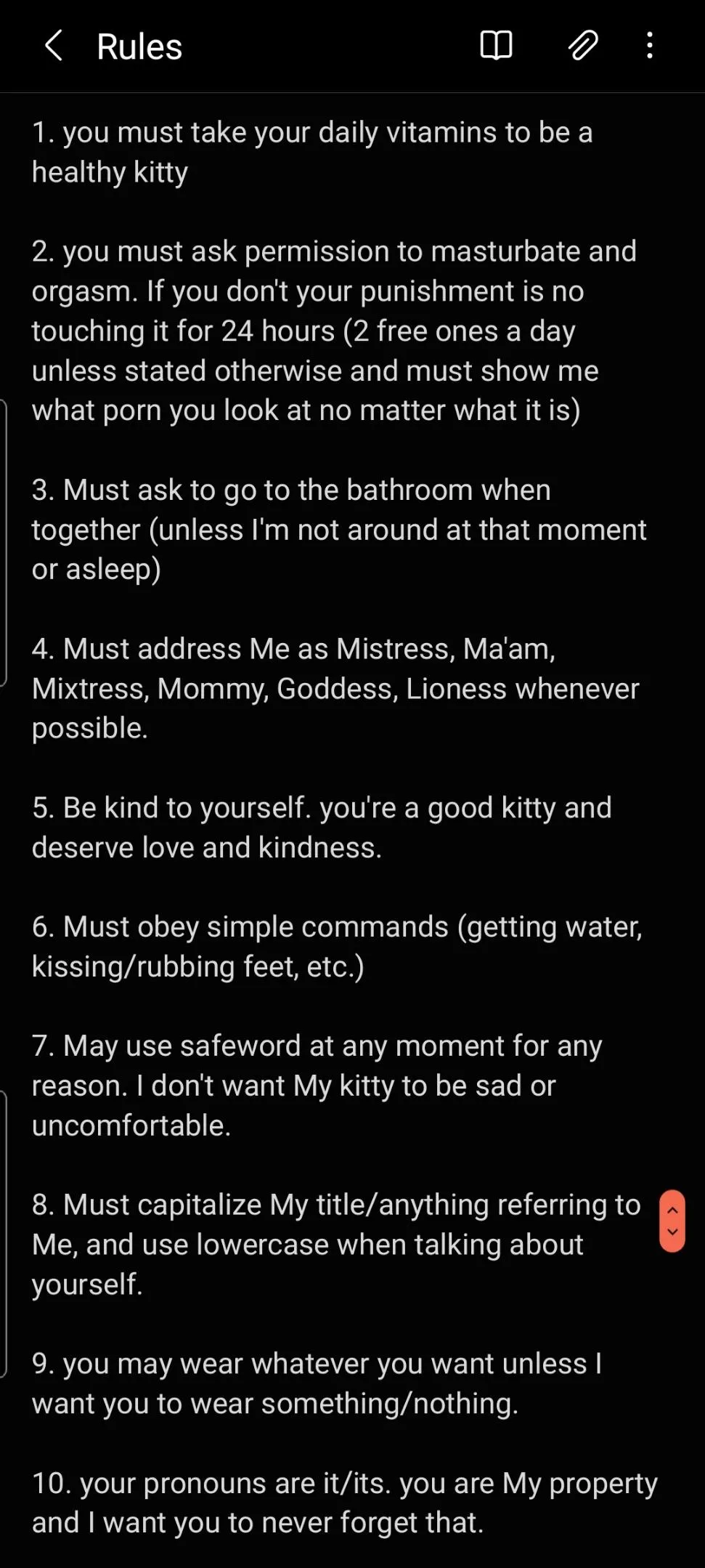 Just made a list of rules for My kitty to follow. I haven't shown them to it yet, but we are just starting a more 24/7 D/s relationship and was wondering if these are good rules to start with.
