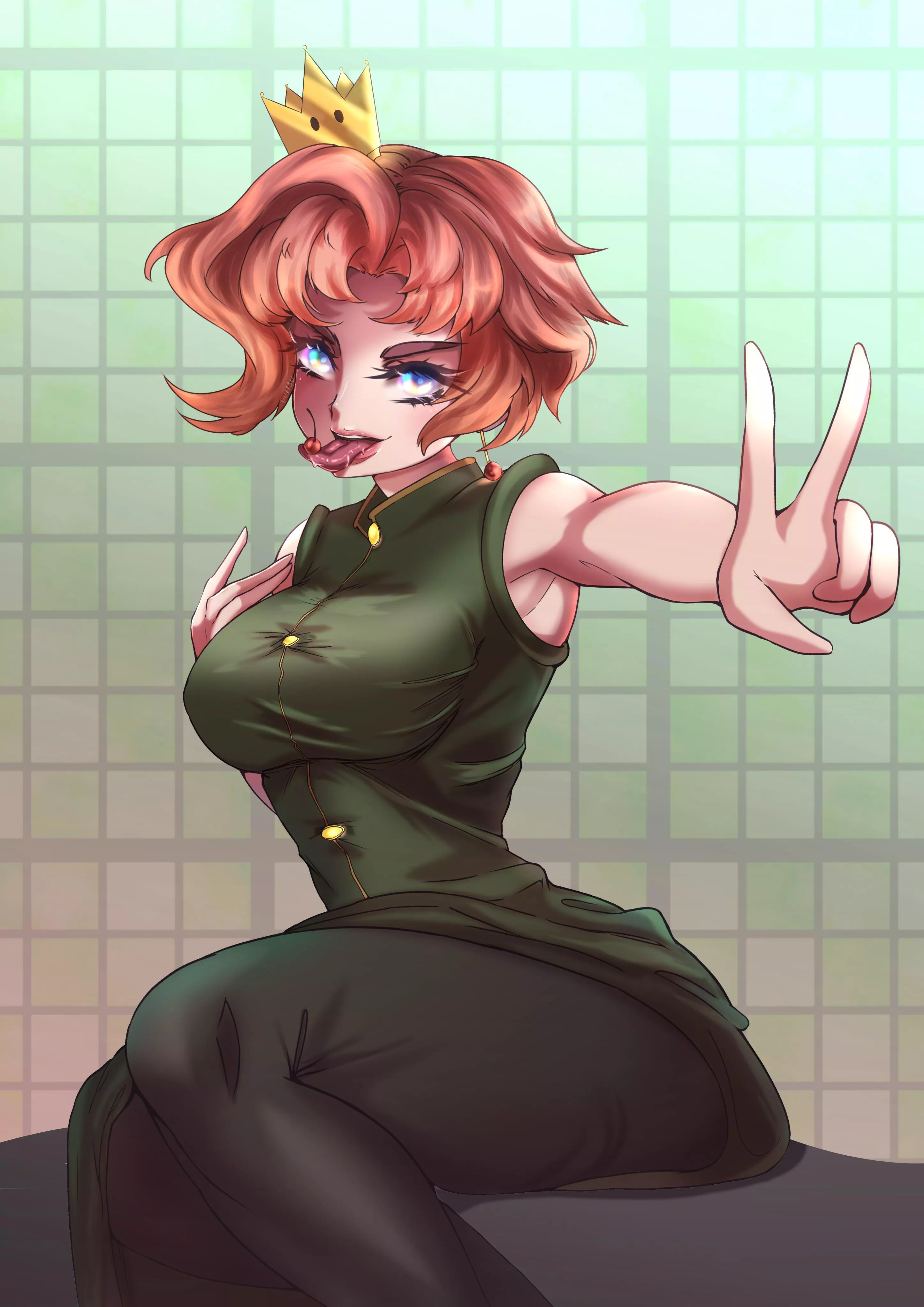 Kakyoin with her armpit, arm up, big breasts, black leg wear, buttons, earrings, food in the mouth, green dress, hand on her shoulder, peace sign, pink/red hair, super crown and a v sign Kakyoin with her armpit, arm up, big breasts, black leg wear, buttons, earrings, food in the mouth, green dress, hand on her shoulder, peace sign, pink/red hair, super crown and a v sign
