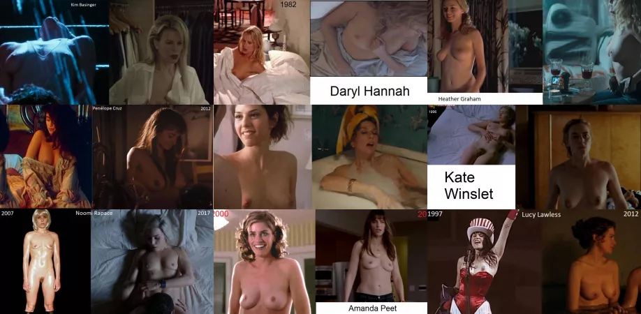 Kim Basinger, Daryl Hannah, Heather Graham, Penelope Cruz, Marisa Tomei, Kete Winslet, Noomi Rapace, Amanda Peet, Lucy Lawless in their youth and older Kim Basinger, Daryl Hannah, Heather Graham, Penelope Cruz, Marisa Tomei, Kete Winslet, Noomi Rapace, Amanda Peet, Lucy Lawless in their youth and older