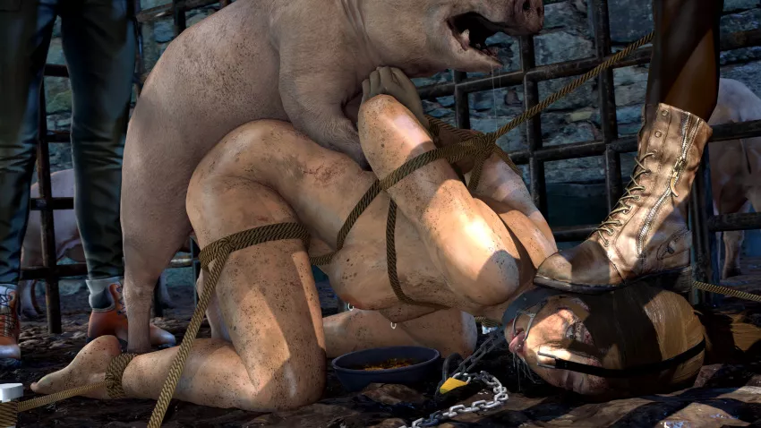 Lara tied up and fucked by an pig Lara tied up and fucked by an pig