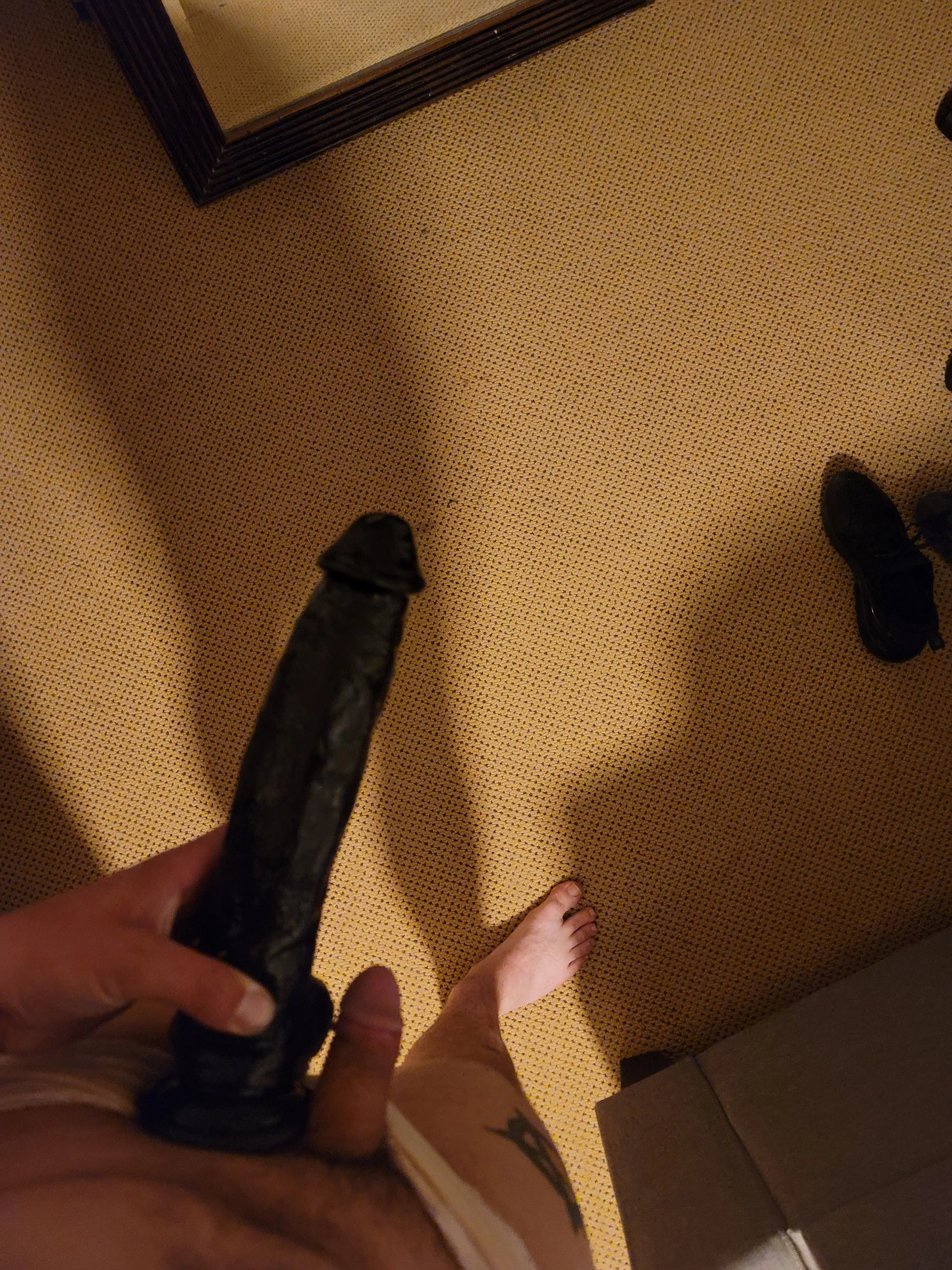 Let out of chastity to compare my (hard) dick to my girlfriends toy. No wonder she keeps me in panties and a cage