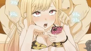 LF Color Source: 1boy, 1girl, Kitagawa Marin, Ahegao(?), blonde hair, bikini, phone, age difference, ring, japanese text, sex toy(?)