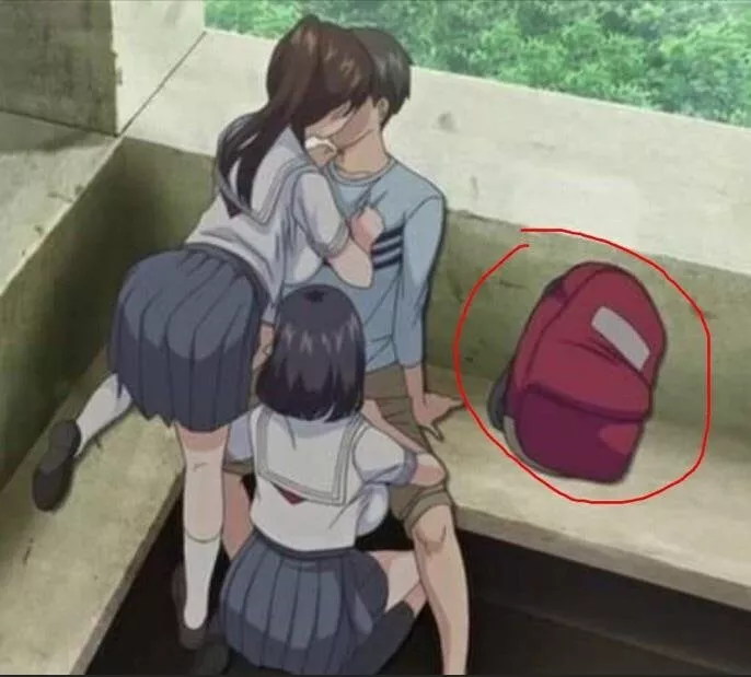 LF Color Source: 1boy, 2girls, among us meme, bent over, blowjob, brown/black/short/long hair, grey skirt, kiss, kneehighs, kneeling, large breasts, one knee, park, ponytail, red backpack, school uniform, spread legs, squatting, standing on one leg, ston