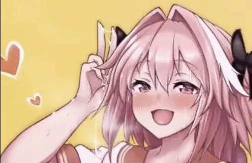 LF Color Source: 1boy, astolfo (fate), blushing, cum ,flying heart, hair between eyes, long hair, pink eyes, pink hair, school uniform, serafuku, short sleeves, smile, v sign, white hair, yellow background