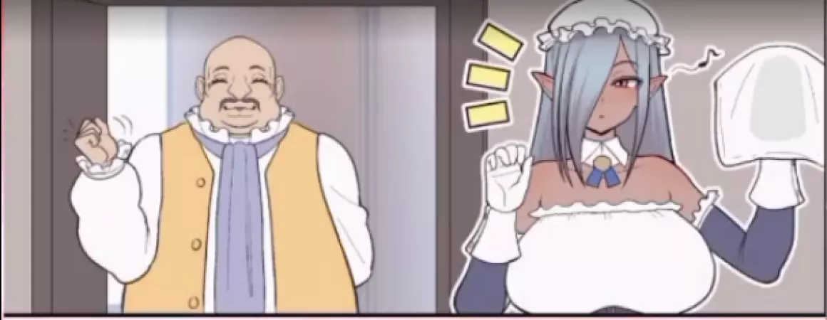 LF Color Source: 1girl, 1boy, dark skin, elf, blue hair, red eyes, maid outfit, bald male, knocking door, wiping glass