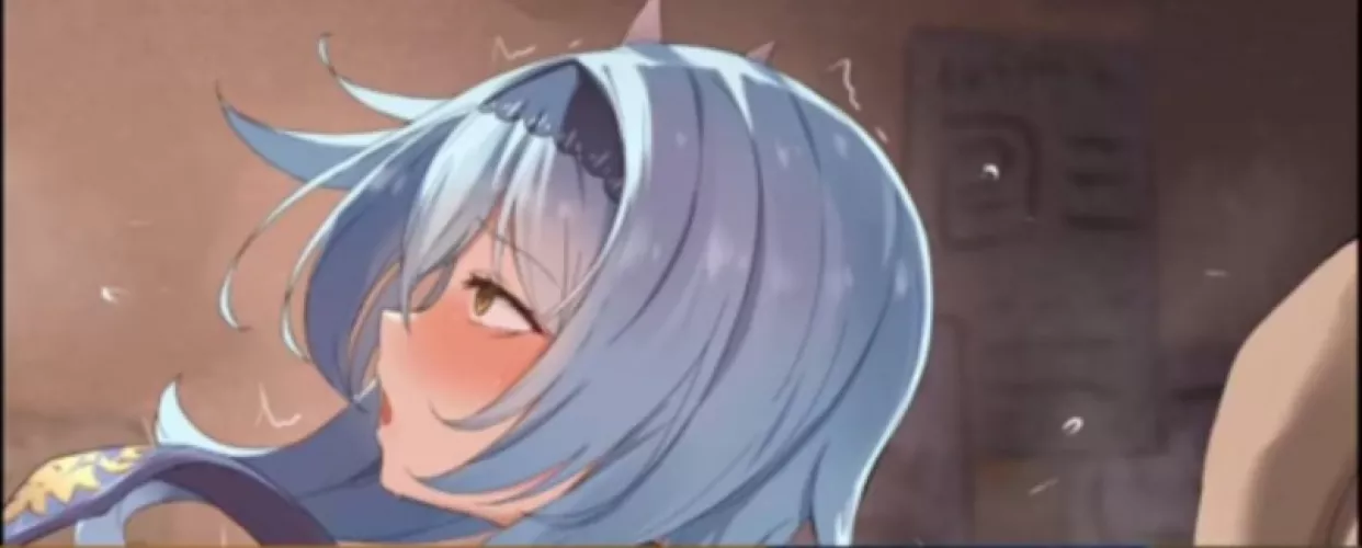 LF color source: 1girl, 1boy, sex from behind, looking up, blush, open mouth, long hair, blue hair, tongue, hair ornament, yellow eyes, eyebrows visible throught hair, hair between eyes, indoors, trembling.
