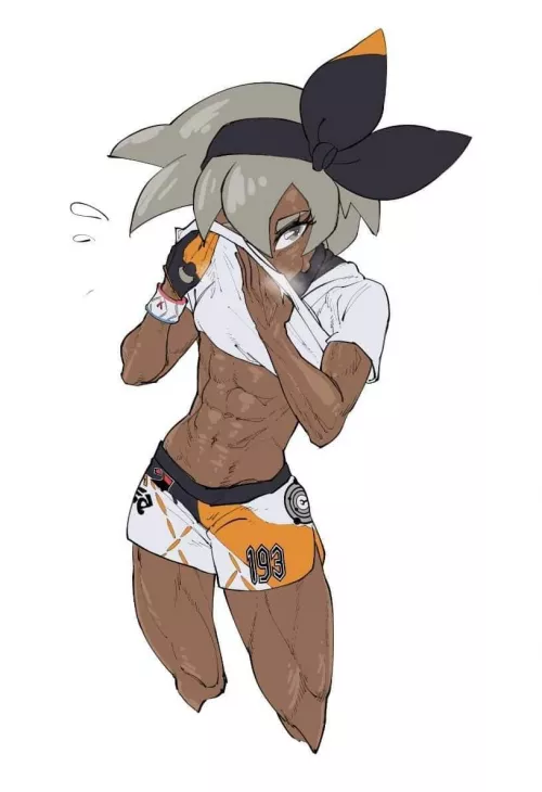 LF Color Source: 1girl, abs, Bea_(Pokemon), Dark_skin, Shirt_lift