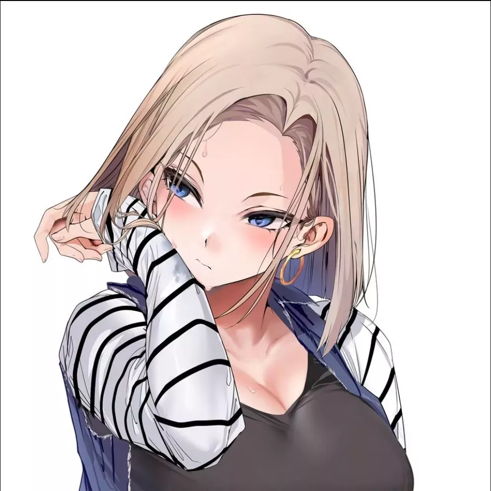 LF Color Source: 1girl, android_18, blonde, sweat, blushing, white_background, striped_sleeves, black_shirt, big_breasts, blue_eyes, hoop_earrings