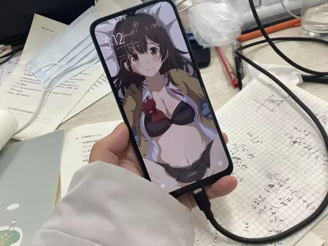 LF Color Source: 1girl, bangs, black bra, black skirt, blush, brown hair, cleavage, hazel eyes, irl picture, looking at viewer, math, open shirt, red bowtie, school uniform, smartphone/phoine, spread legs, undone bowtie, wavy mouth, yellow eyes