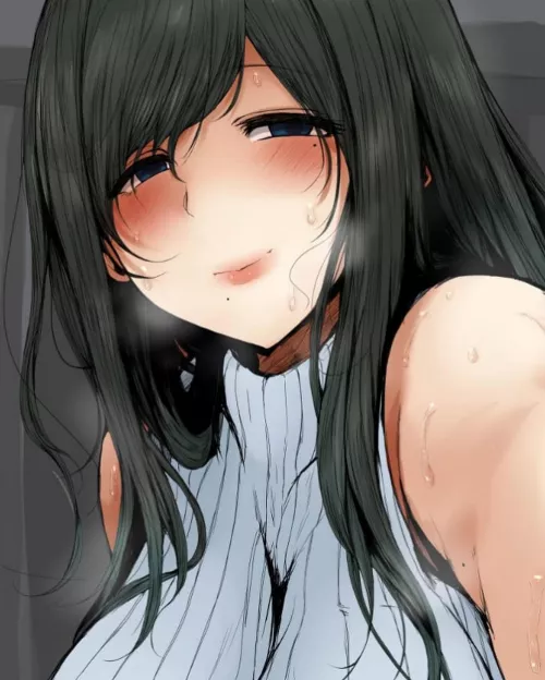 LF Color Source: 1girl, black eyes, black hair, big breasts, blushing, mole, blue sweater, sleeveless turtleneck, sweater, lines, long hair, sweat