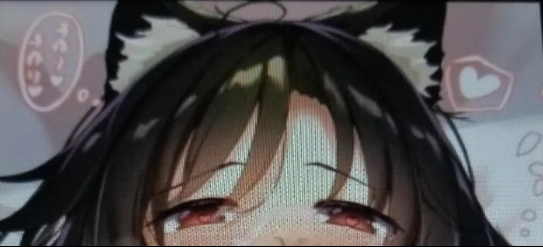 LF Color Source: 1girl, black hair, cat ears, animal ears, white fur out of ears, red eyes, heart shape, dialogue box, Japanese text, foreign text, frowning eyebrows