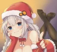 LF Color Source: 1girl, blue eyes, gray hair, blushing, stockings, christmas, twin tails, red hat, red bowtie, santa hat, pointing finger, cleavage