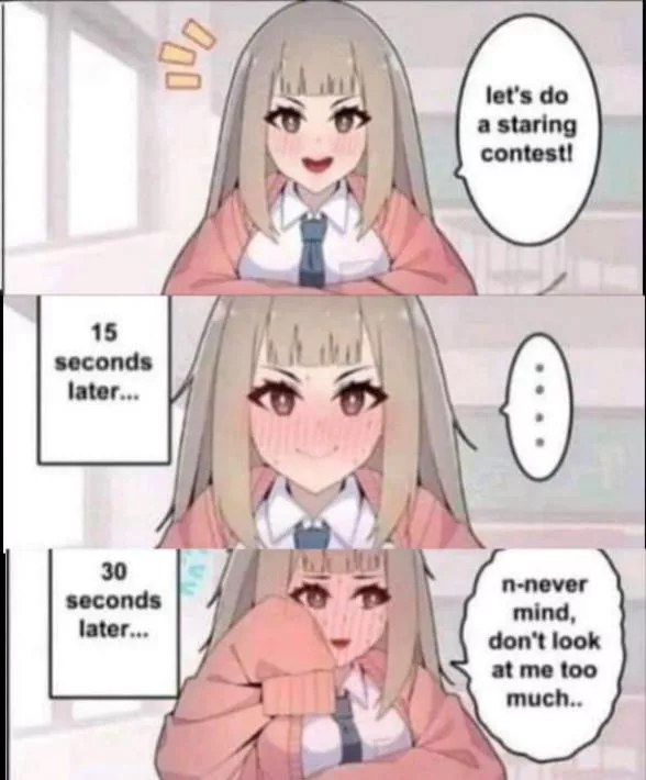 LF color source, 1girl, blushing, long hair, smiling, staring contest, 