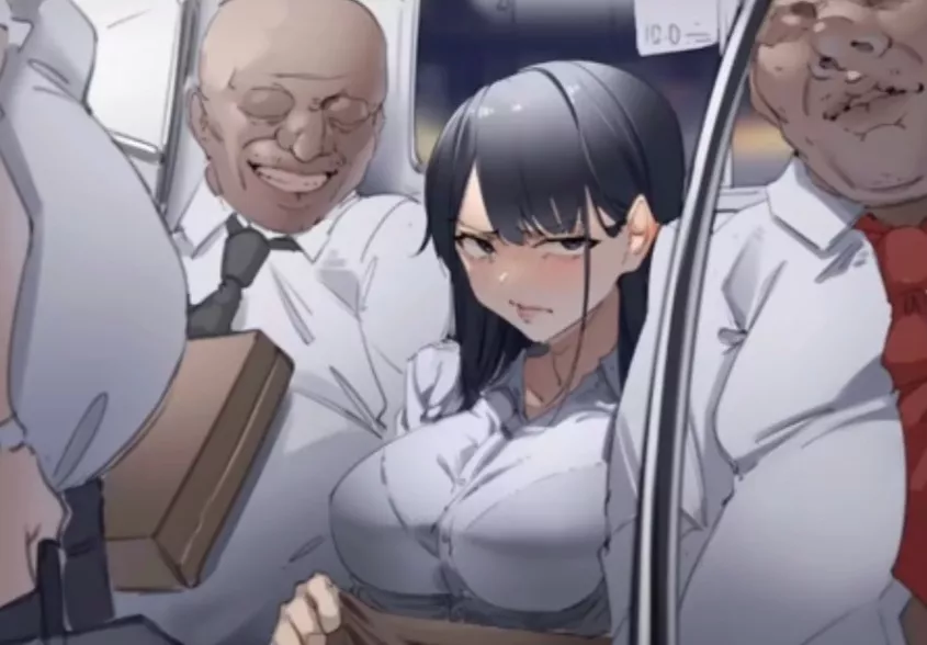 LF Color Source: 1girl, confused, scared, black hair, ugly bastard, train, clothed, smile