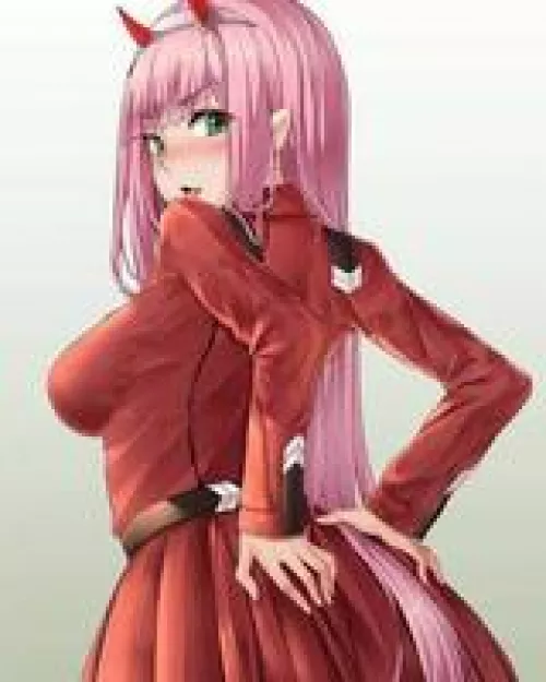 LF color source: 1girl, Darling in Franxx, zero two, fully clothed, long hair, pink hair, headband, horns, side boob, looking at audience, hand on butt, turn backside