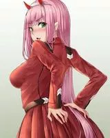 LF color source: 1girl, Darling in Franxx, zero two, fully clothed, long hair, pink hair, headband, horns, side boob, looking at audience, hand on butt, turn backside