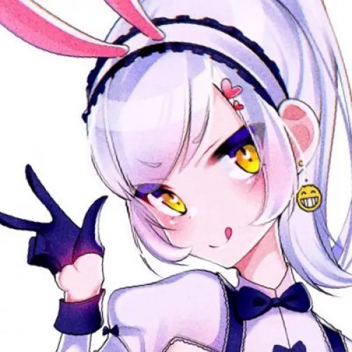 LF color source: 1girl, face, crop, animal ear, bunny ear, headband, yellow eyes, white hair, ponytail, bow tie, tongue out, victory pose hand