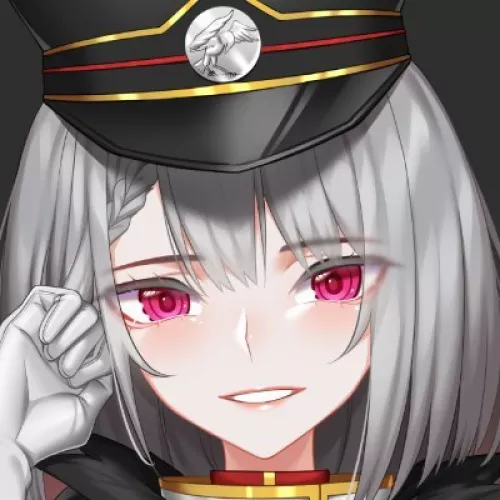LF color source: 1girl, face, crop, red eyes, hat, grey hair, smile, braid, bangs, hand at headblack background, teeth
