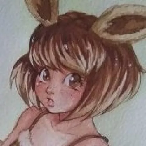 LF color source: 1girl, furry, brown eyes, short hair, brown hair, face, crop, ears, bunny ears, white background, lip, animal ear, straps