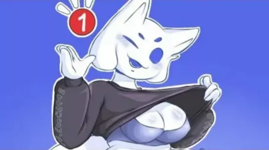 LF Color Source: 1girl, hands up, medium breasts, furry, shirt lift, long sleeves, wink/one eye closed, blush, open mouth, lower teeth, sports bra, underwear, animal ears/kemonomimi, discord app, Clyde, ping/notification count, blue/simple background, ta